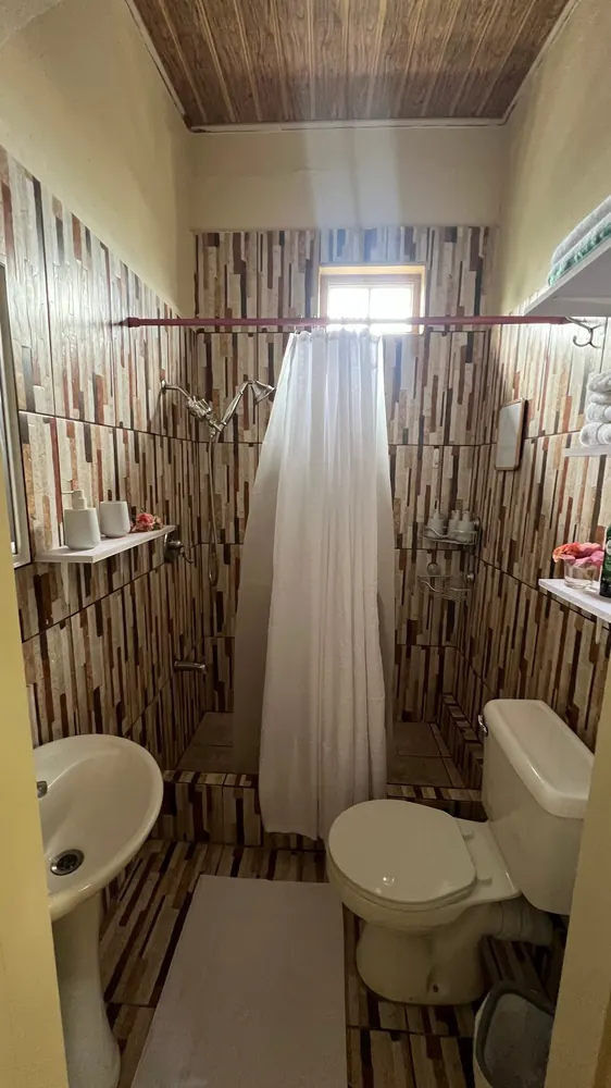 The bathroom with a shower curtain, basin, mirror and toilet.